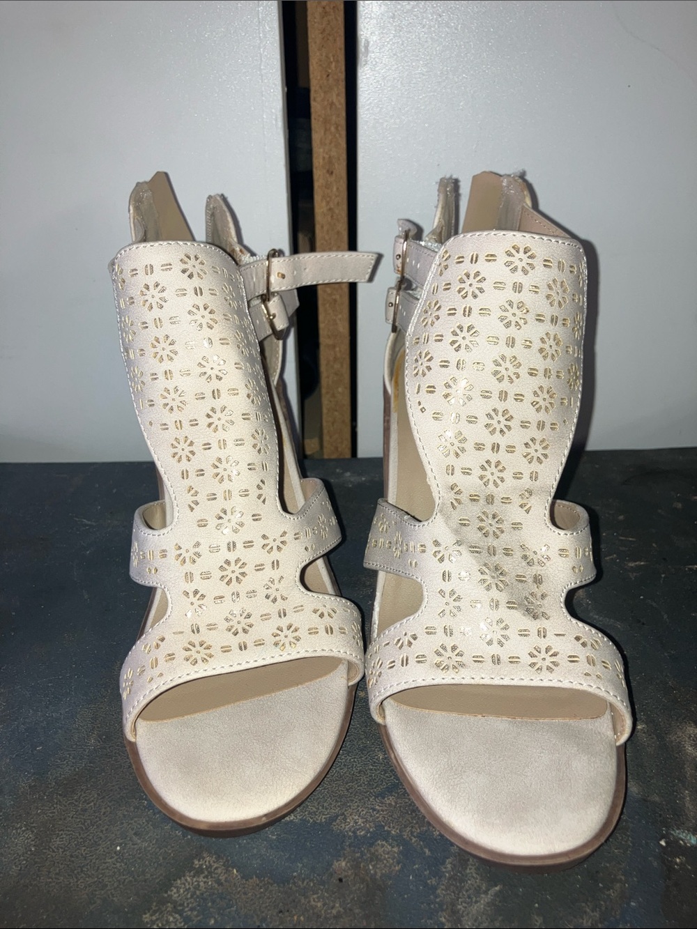 Jellypop Cream Laser-Cut Ankle-Strap Sandals
